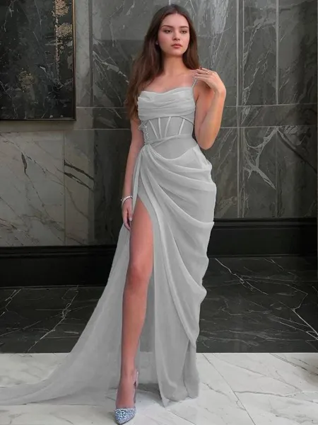 Sheath/Column Spaghetti Straps Sweep Train Organza Prom Dress With Leg Slit