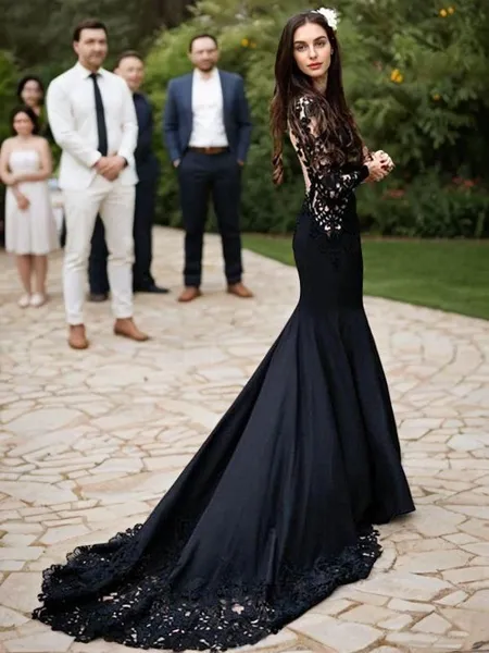 Sheath/Column Scoop Sweep Train Stretch Crepe Prom Dress With Appliques Lace