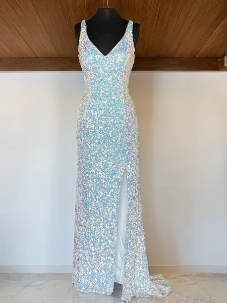 Sheath/Column V-neck Sweep Train Velvet Sequins Prom Dress With Leg Slit