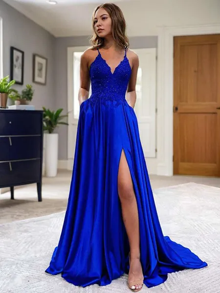 A-Line/Princess V-neck Sweep Train Silk Like Satin Prom Dresses With Pockets