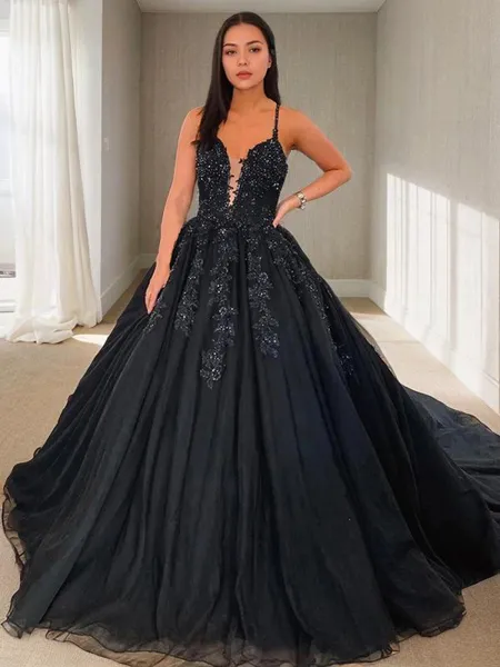 Ball Gown V-neck Court Train Tulle Prom Dress With Appliques Lace