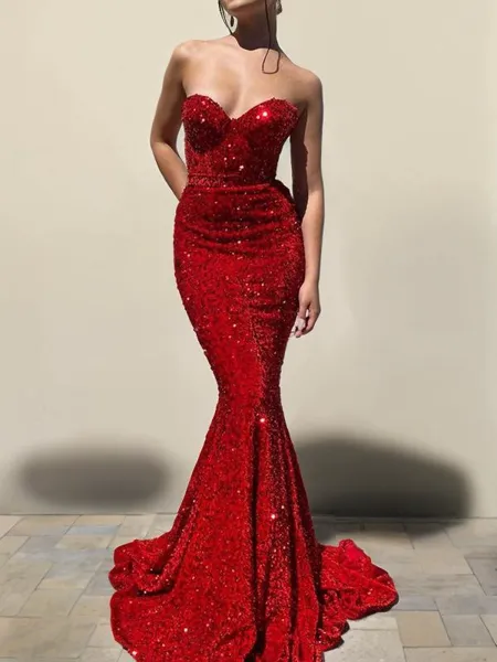 Trumpet/Mermaid Sweetheart Court Train Velvet Sequins Prom Dress With Ruffles