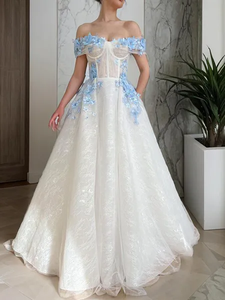 A-Line/Princess Off-the-Shoulder Floor-Length Lace Prom Dress With Pockets