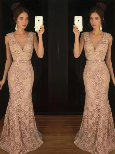 Trumpet/Mermaid V-neck Sweep Train Lace Prom Dress With Belt/Sash