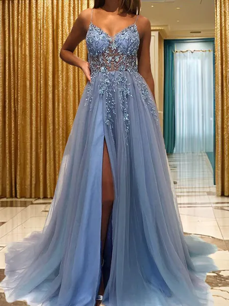 A-Line/Princess V-neck Sweep Train Tulle Prom Dress With Leg Slit