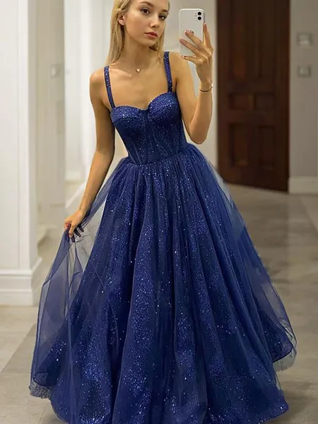 A-Line/Princess Straps Sweep Train Tulle Prom Dress With Ruffles