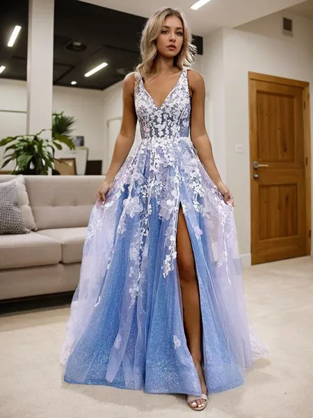 A-Line/Princess V-neck Sweep Train Tulle Prom Dress With Leg Slit