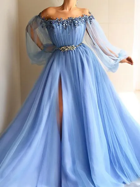 A-Line/Princess Off-the-Shoulder Floor-Length Tulle Prom Dress With Leg Slit