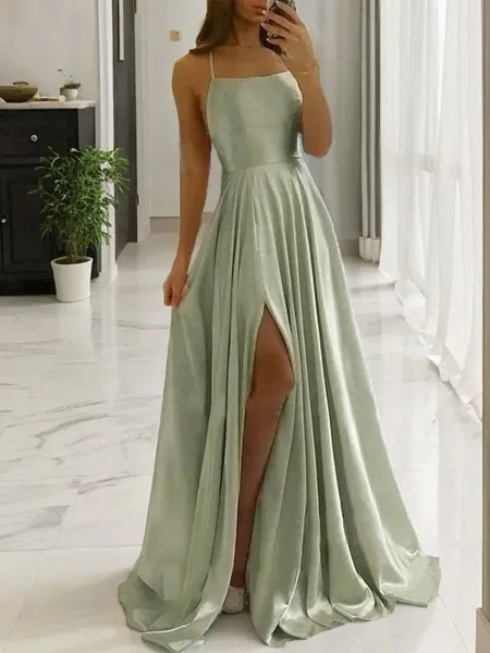 A-Line/Princess Spaghetti Straps Sweep Train Silk like Satin Prom Dress With Leg Slit