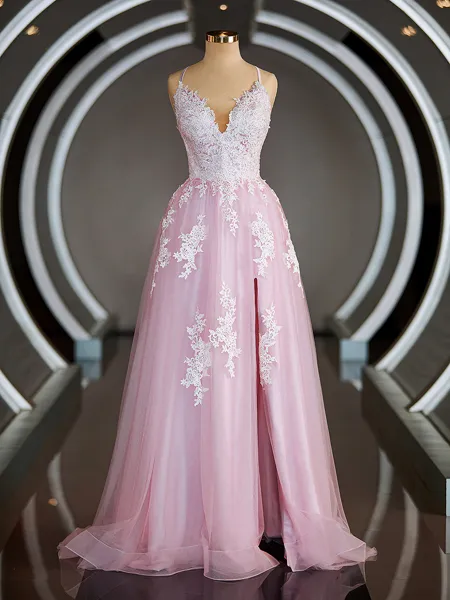 A-Line/Princess V-neck Sweep Train Tulle Prom Dress With Appliques Lace