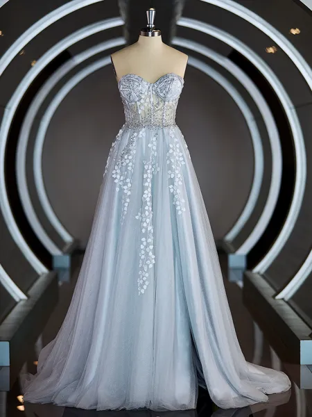 A-Line/Princess V-neck Sweep Train Velvet Sequins Prom Dress With Leg Slit