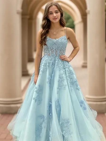 A-line Spaghetti Straps Appliques Lace Floor-Length Tulle Corset Porm Dress