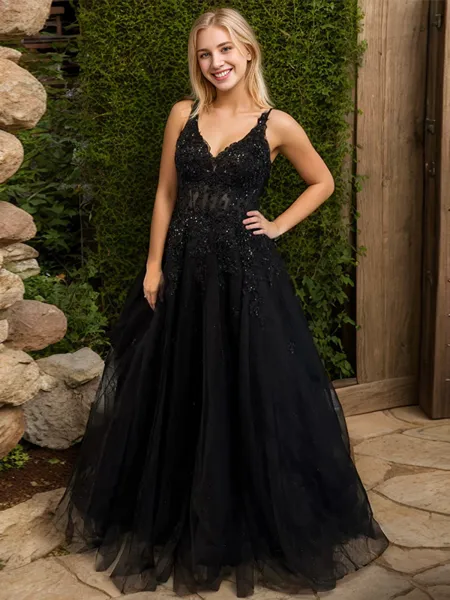 A-line V-neck Appliques Lace Sweep Train Corset Porm Dress