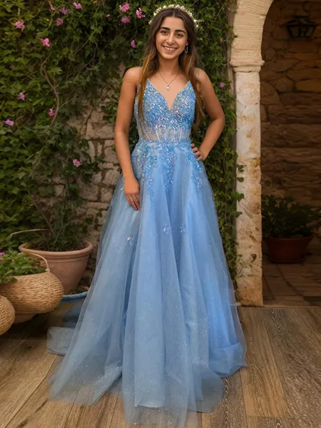 A-line V-neck Appliques...