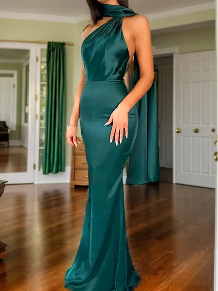Sheath Halter Pleated Floor-Length Silk Like Satin Porm Dress