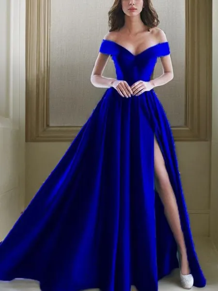 A-Line/Princess Off-the-Shoulder Floor-Length Satin Prom Dress With Leg Slit