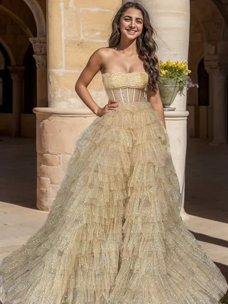 A-line Straight Court Train Corset Porm Dress