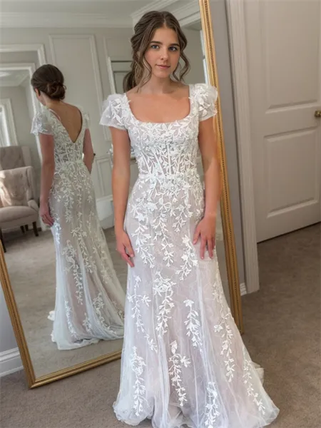 Sheath Square Short Sleeves Appliques Lace Sweep Train Tulle Corset Porm Dress