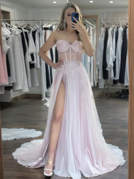 A-line Sweetheart Beading Sweep Train Tulle Corset Porm Dress