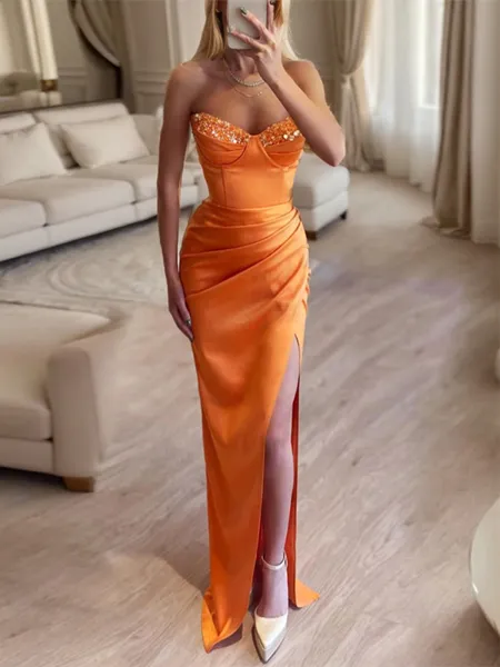 Sheath Sweetheart Pleated Floor-Length Satin Porm Dress