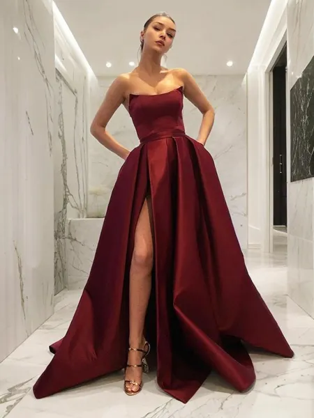 Ball Gown Strapless Sweep Train Satin Prom Dress With Leg Slit
