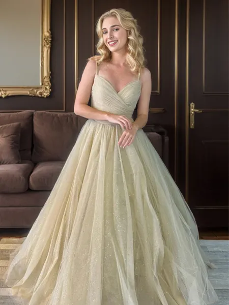 A-line V-neck Pleated Floor-Length Porm Dress