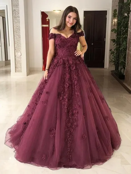 Ball Gown Off-the-Shoulder Sweep Train Tulle Prom Dress With Appliques Lace
