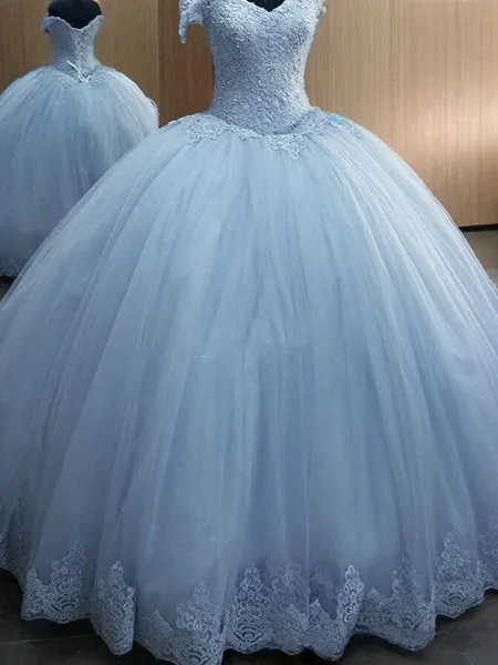 Ball Gown Off-the-Shoulder Floor-Length Tulle Prom Dress With Appliques Lace