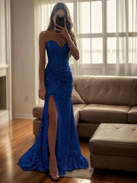 Sheath/Column Sequins Ruched Sweetheart Sleeveless Sweep/Brush Train Dresses