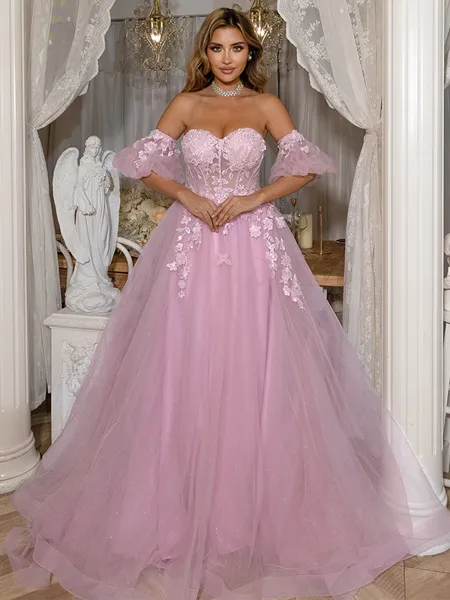 A-Line Sweetheart Ruffles Strapless Appliques Lace Sweep Train Porm Dress