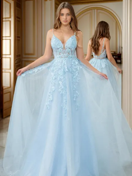 A-line V-neck Appliques Lace Floor-Length Tulle Corset Porm Dress
