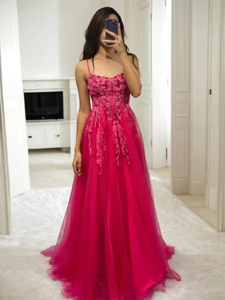 A-line Spaghetti Straps Appliques Lace Sweep Train Tulle Porm Dress