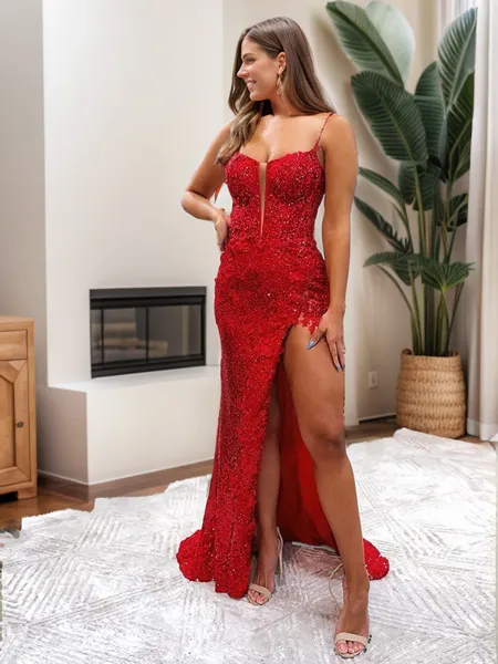 Sheath/Column Spaghetti Straps Sleeveless Sweep Train Sequins Scintillating Dress