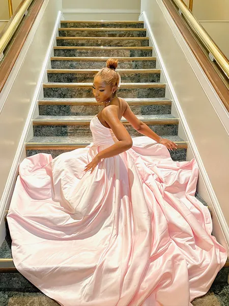 Ball Gown Strapless Sweep Train Satin Prom Porm Dress With Pockets