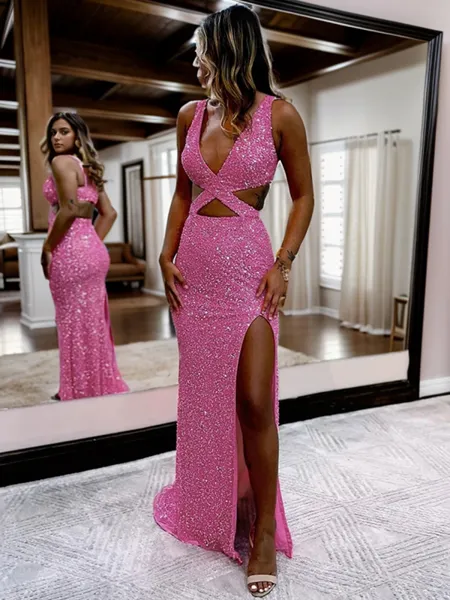 Sheath/Column Velvet Sequins V-neck Sleeveless Sweep Train Prom Porm Dress