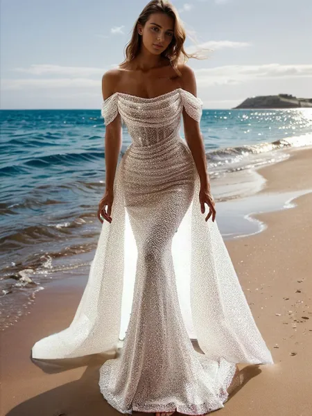 Trumpet/Mermaid Off-the-Shoulder Short Sleeves Sweep Train Corset Porm Dress