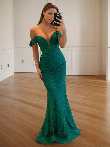 Sheath Off-the-Shoulder Sweep Train Lace Corset Dress