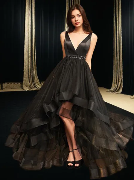 A-Line/Princess V-neck Asymmetrical Tulle Prom Dress With Beading
