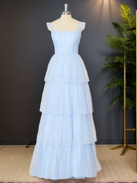A-line Tulle Straps Layers Floor-Length Corset Porm Dress