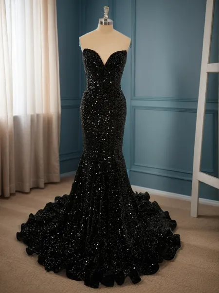 Mermaid Velvet Sequins Sweetheart Sweep Train Porm Dress