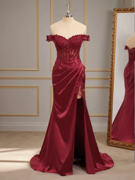 Sheath Silk Like Satin Off-the-Shoulder Appliques Lace Sweep Train Corset Porm Dress