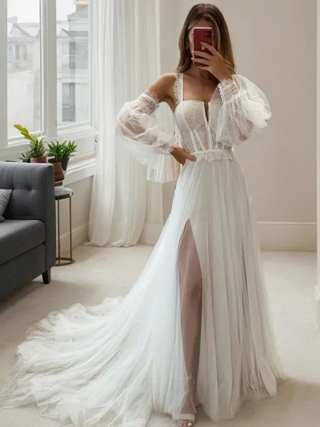 A-Line/Princess Straps Court Train Tulle Wedding Dresses With Leg Slit