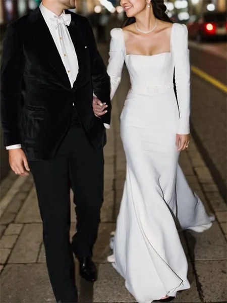 Sheath Square Long Sleeves Sweep Train Stretch Crepe Corset Wedding Dress