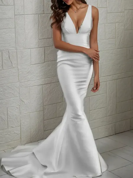 Sheath V-neck Court Train Stretch Crepe Wedding Dress