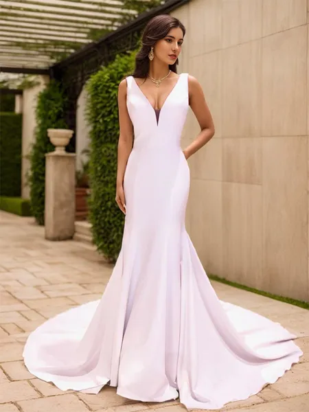 Sheath V-neck Chapel Train Stretch Crepe Wedding Dress