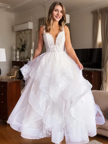 A-line V-neck Appliques Lace Floor-Length Tulle Wedding Dress