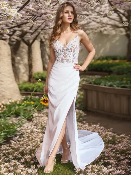 Sheath V-neck Appliques Lace Court Train Charmeuse Corset Wedding Dress