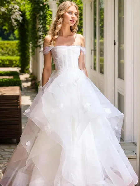 A-line Off-the-Shoulder Appliques Lace Floor-Length Tulle Corset Convertible Wedding Dress