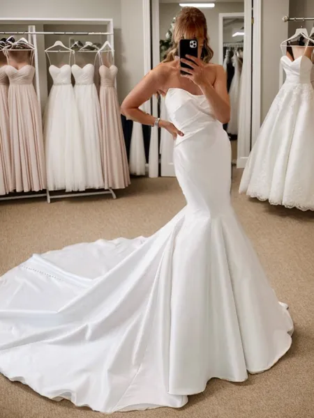 Mermaid Straight Pleated Chapel Train Satin Wedding Dress