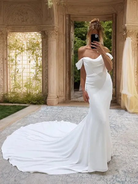 Sheath Off-the-Shoulder Pleated Cathedral Train Charmeuse Wedding Dress